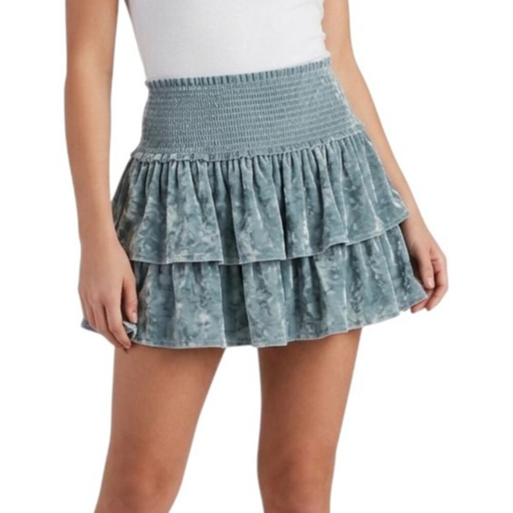 Aerie Ruffled Velour Tiered Skirt Green High Waist A Line Mini Women’s L NWT